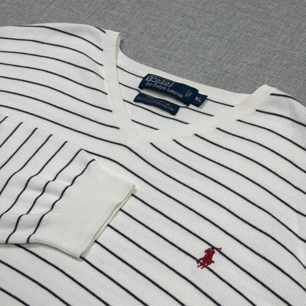 Polo Ralph Lauren Sweater Pullover Mens XL White Striped V-Neck Pima Cotton